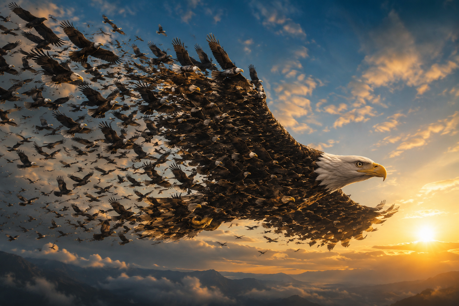 A majestic eagle composed of countless smaller eagles soaring at sunrise