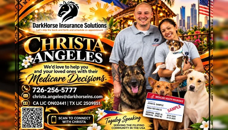 Sample 3.5 by 2 inch fridge magnet for Christa Angeles of DarkHorse Insurance Solutions: her name, photo with her family and dogs, phone, email, license numbers and a Scan to Connect QR code.
